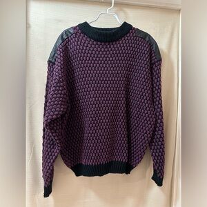 Vintage Street Scenes Textured Knit Sweater w/ Leather Shoulders Purple/Black XL